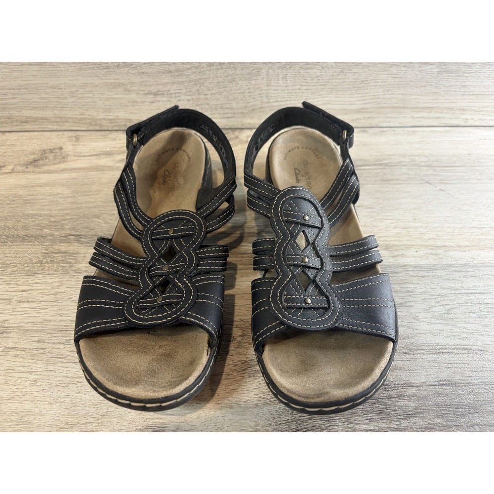 Clarks Collection Women's Leisa Janna Black Leather Open Toe Sandals Size 7.5 - Picture 3 of 8